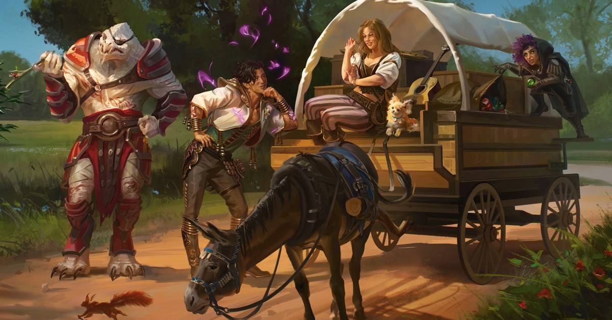 A party of adventurers sit in a wagon on a dirt road discussing their plans.