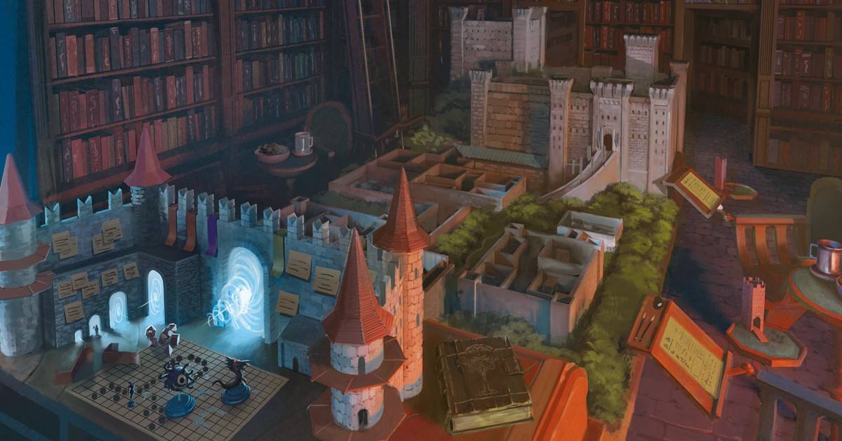 A table surrounded by bookshelves. The table has a miniature city and castle on it.