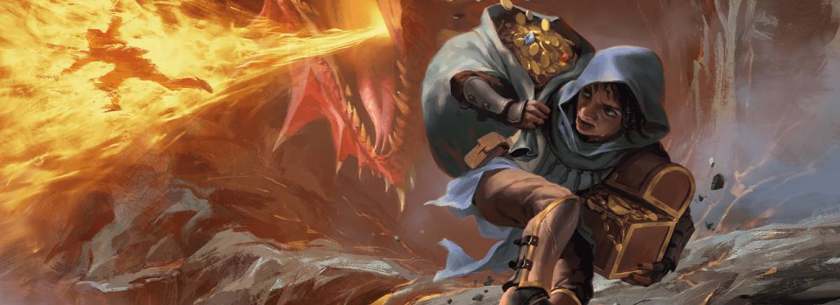 A rogue carrying away treasure while a fire-breathing dragon roasts an adventurer in the background.