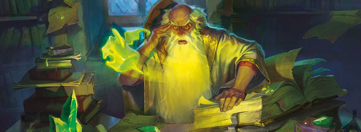 A wizard sits at his desk, attempting to make a new magic potion.