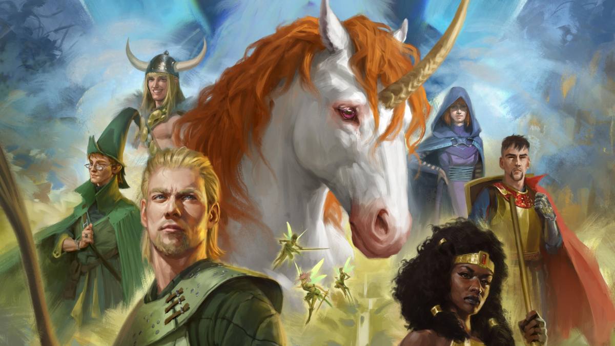 A Unicorn surrounded by 6 D&D adventurers