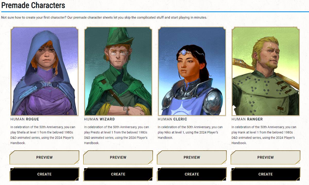 Premade character screen on D&D Beyond's Character Builder.