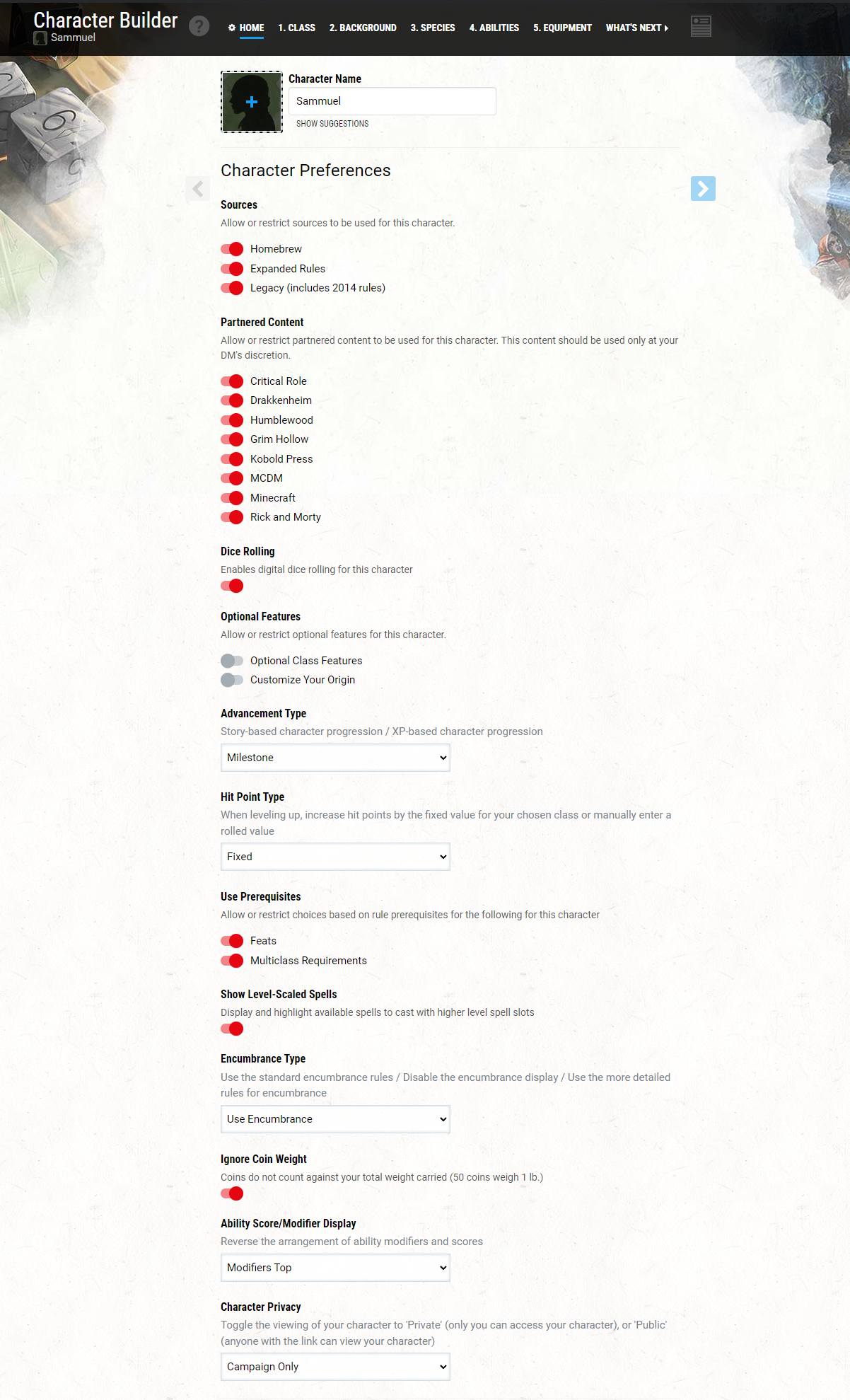 Standard Character Builder - character preferences