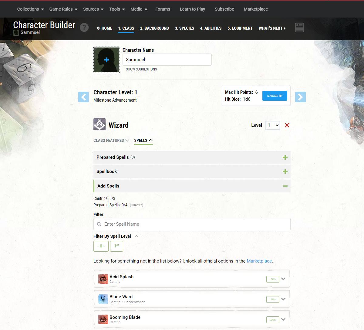 Standard Character Builder - Choose a class - Select spells 