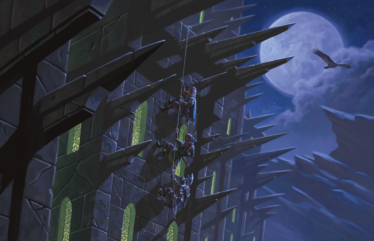 Adventurers using rope to scale a spiked wall.