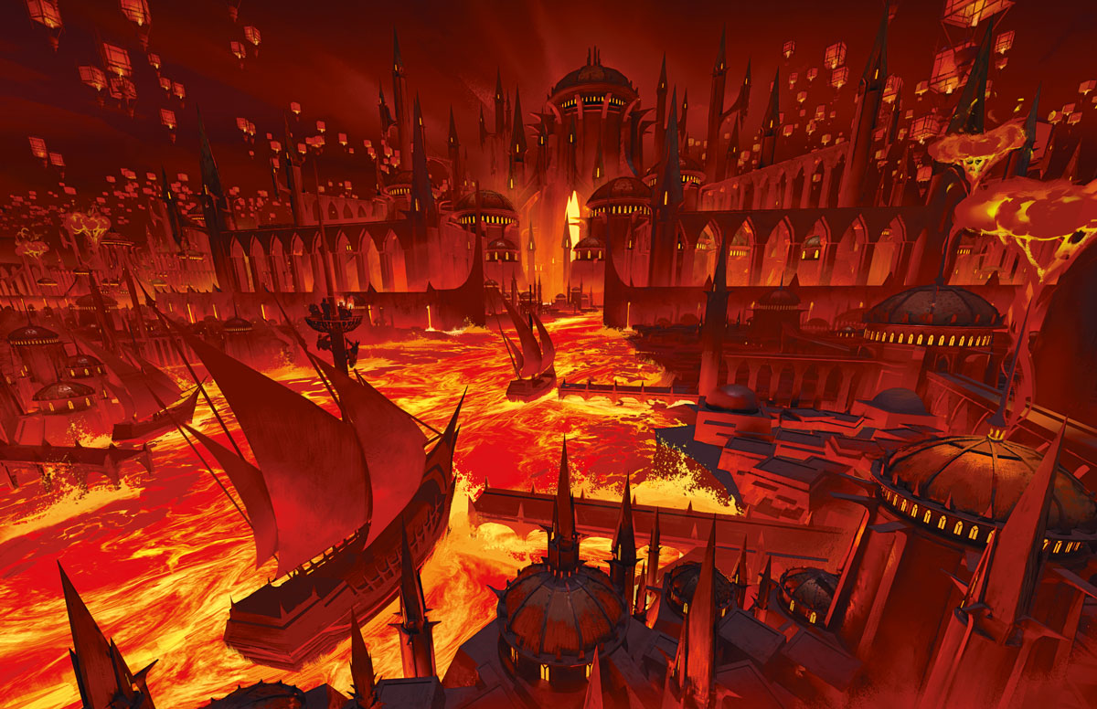 The lava rivers and foreboding structures of the city of brass.