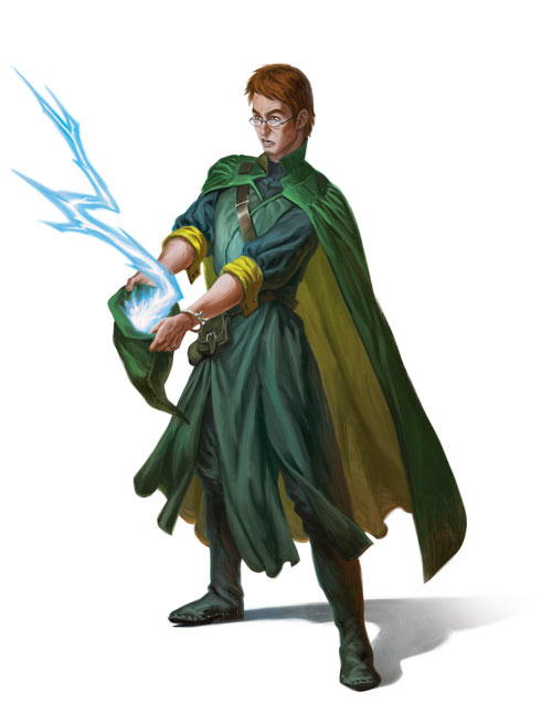 A wizard holding open the brim of his hat as a lightning bolt jumps out.