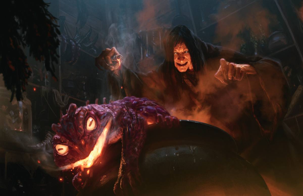 A hag summoning a flaming newt familiar
