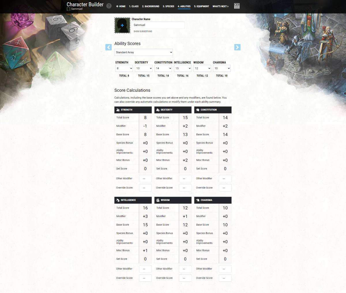 Standard Character Builder - ability score generation
