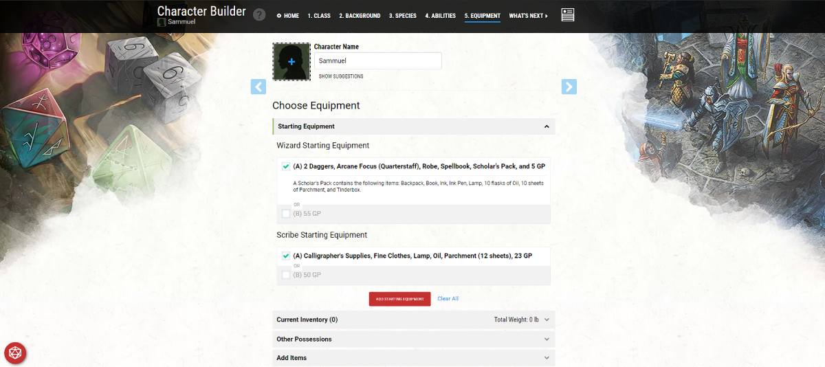 Standard Character Builder - Choose equipment