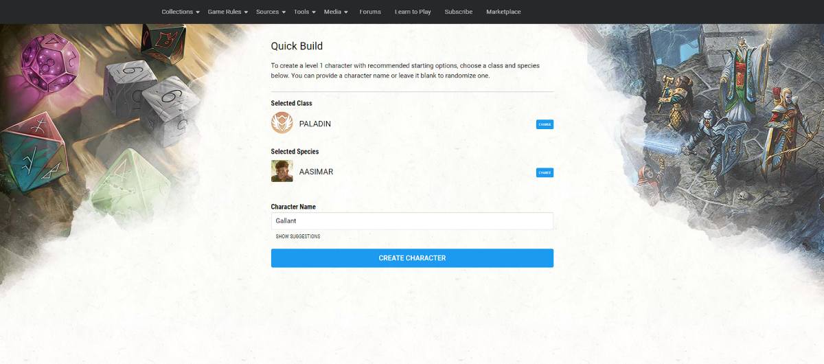 Quick Build character example