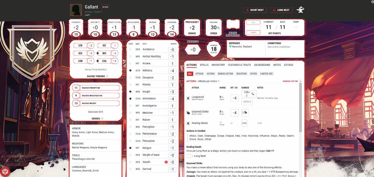 Gallant, Aasimar Paladin's digital character sheet