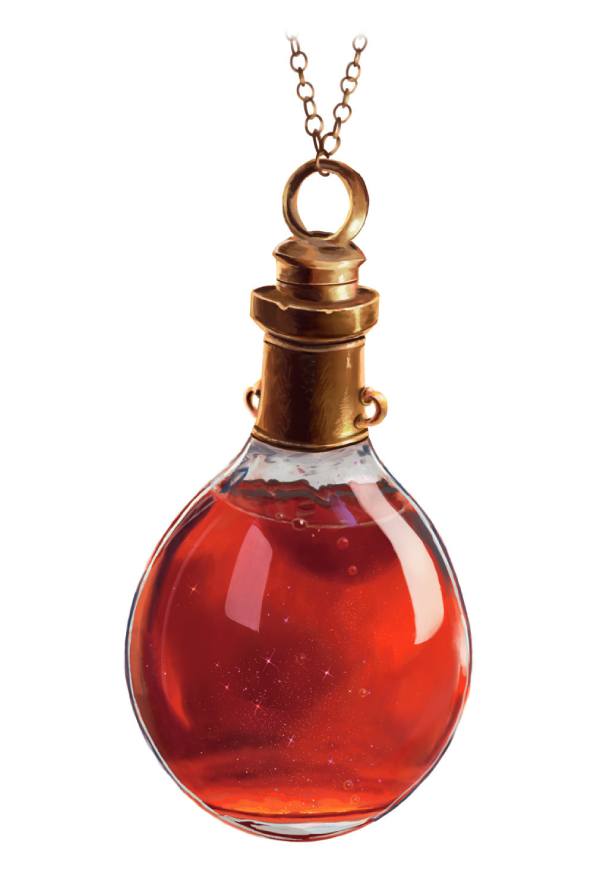 A red potion in a small glass vial.