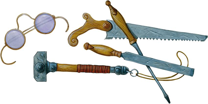 Various crafting tools, including a saw, screwdrivers, file, and hammer.