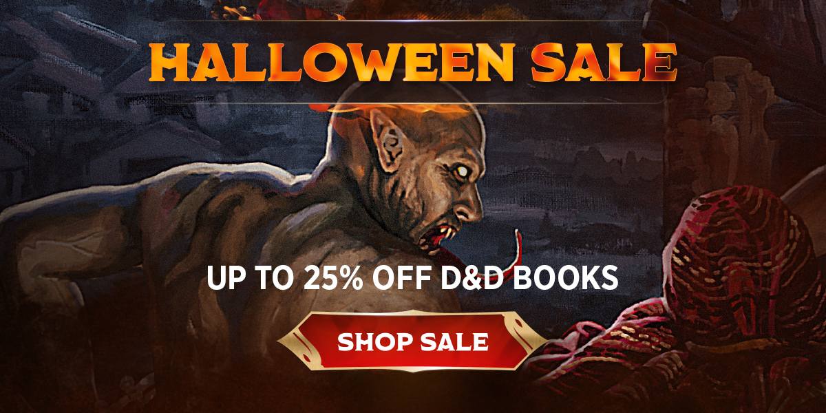 A Ghoul attacks an adventurer. Text reads, Halloween Sale. Up to 25% off D&D Books. Shop Sale.