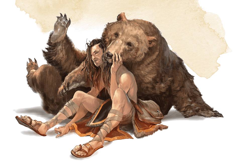 A druid playing with his brown bear companion.