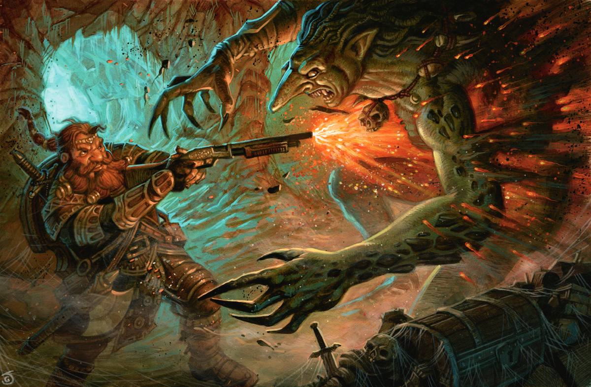 A dwarf shooting a troll with a shotgun.
