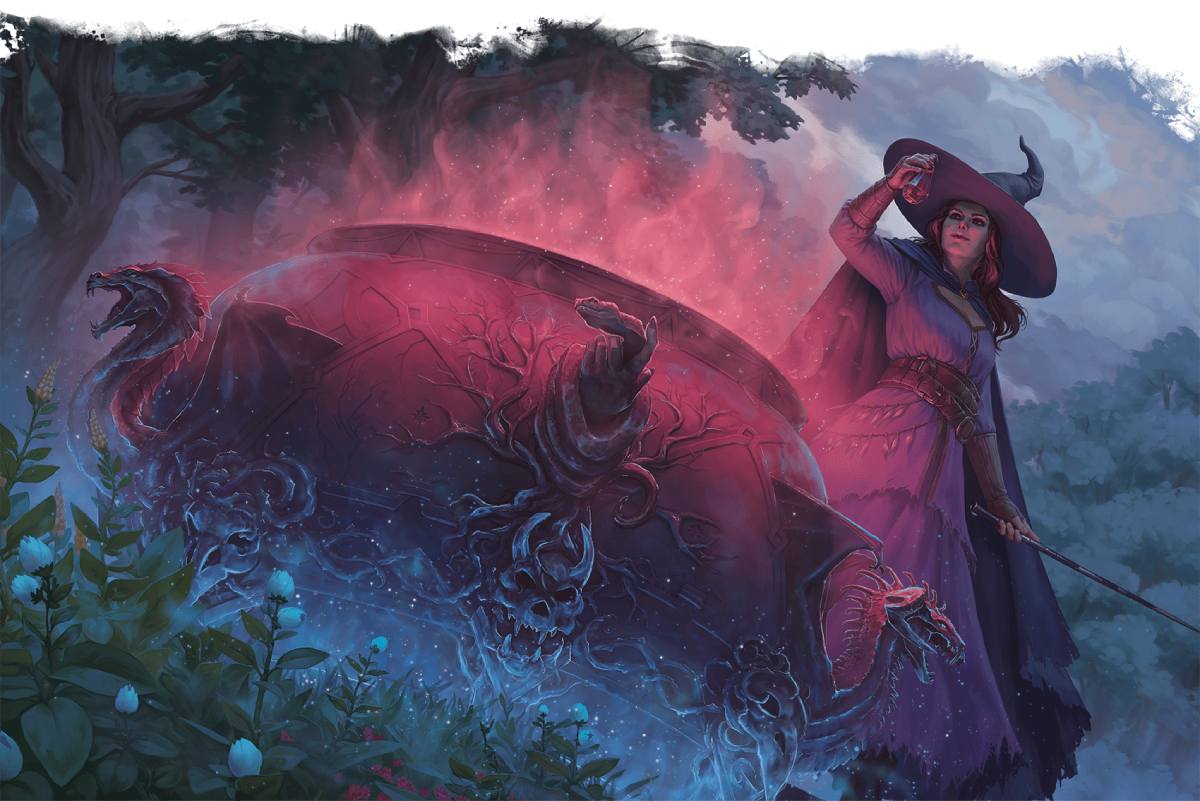 Tasha standing before a cauldron glowing with red potion holding a vial.
