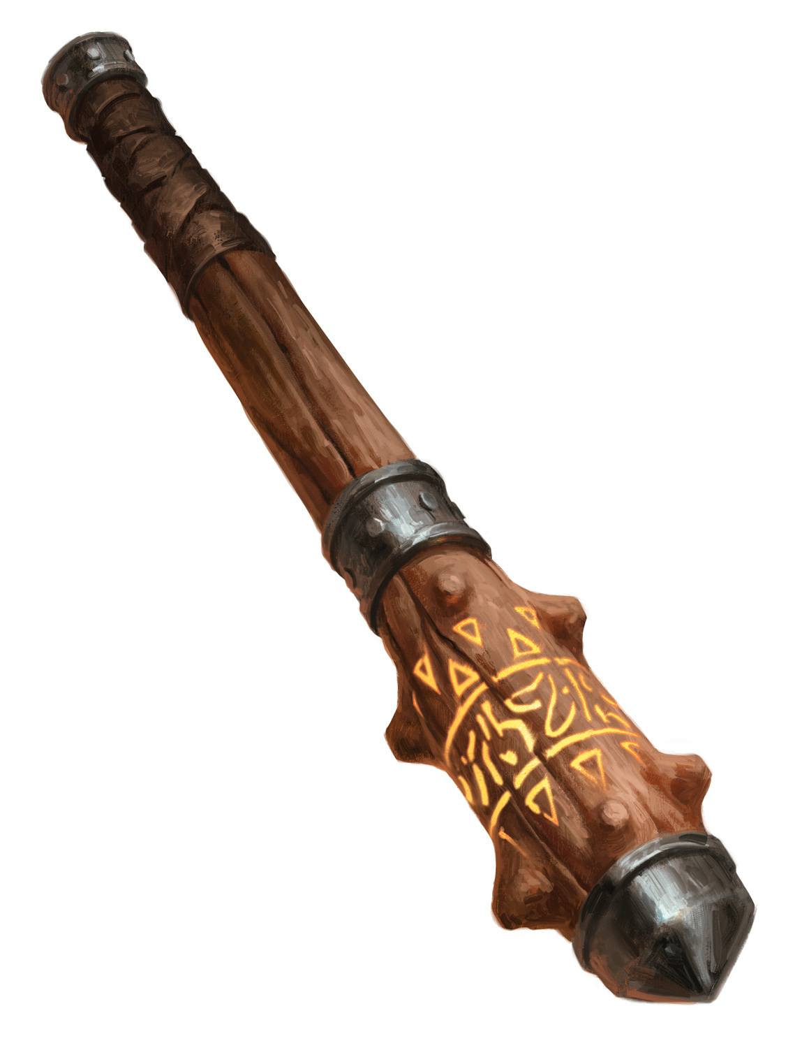 A wooden club with metal spikes and glowing runes.