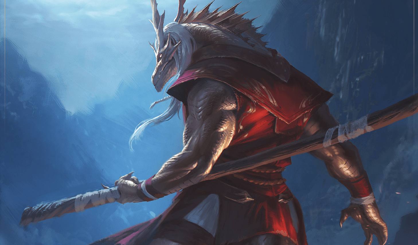 A dragonborn monk holding a quarterstaff.