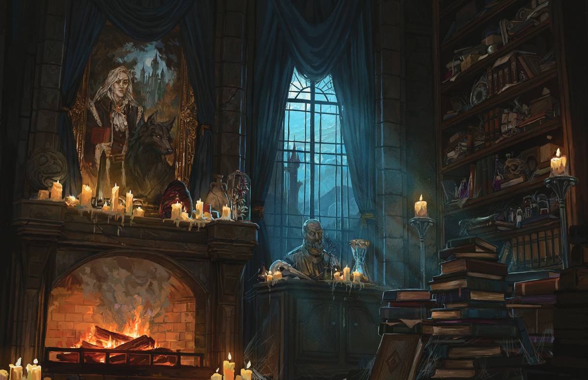 A creepy office in an abandoned manor, stacked with books and cobwebs.