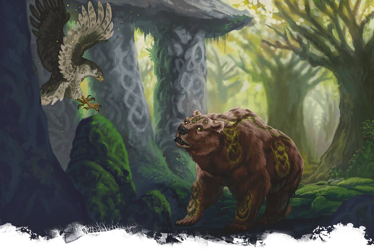 A Wild Shaped druid talks to an hawk in a forest