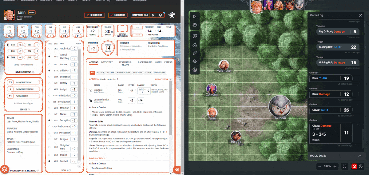 A gif of the D&D Beyond character sheet tool sending a dice roll to the Game Log on the Maps tool.