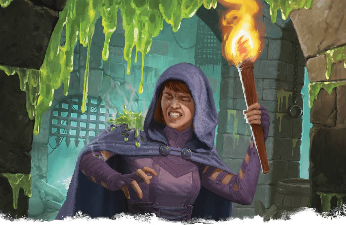 Green slime falling from the ceiling and landing on an adventurer's shoulder.