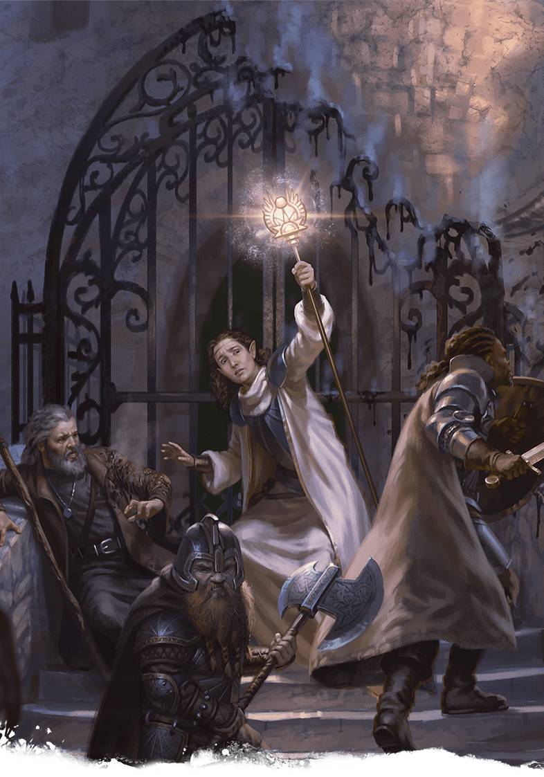 Adventurers looking on in fear as they're surrounded by enemies.