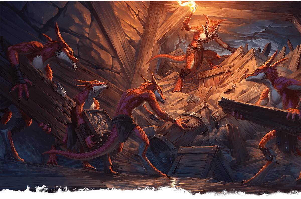 Kobolds pile wood against a cavern's entrance.