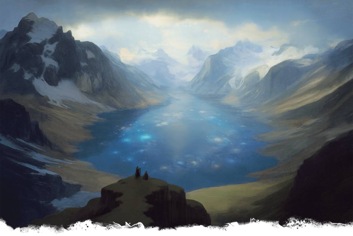 Adventurers stand on a cliff looking over a beautiful lake.