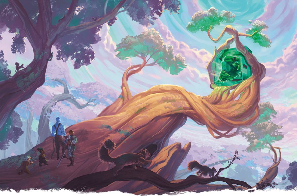 A planar portal opens in a vibrant world with swirling clouds in the sky.