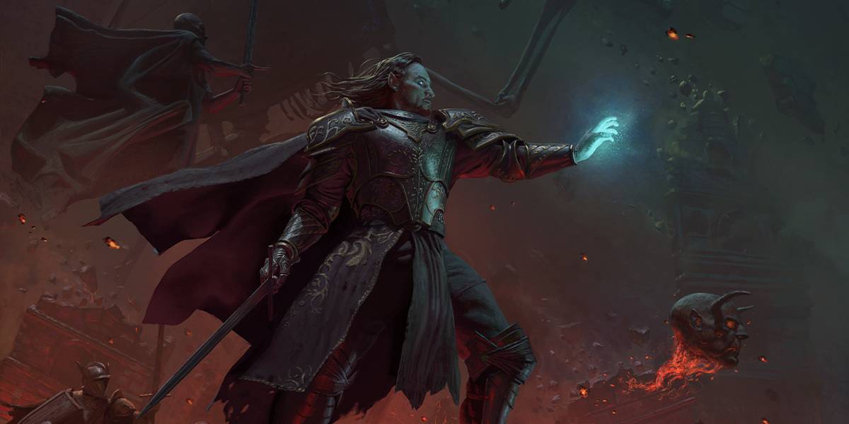 An Illrigger in plate armor commanding undead minions.