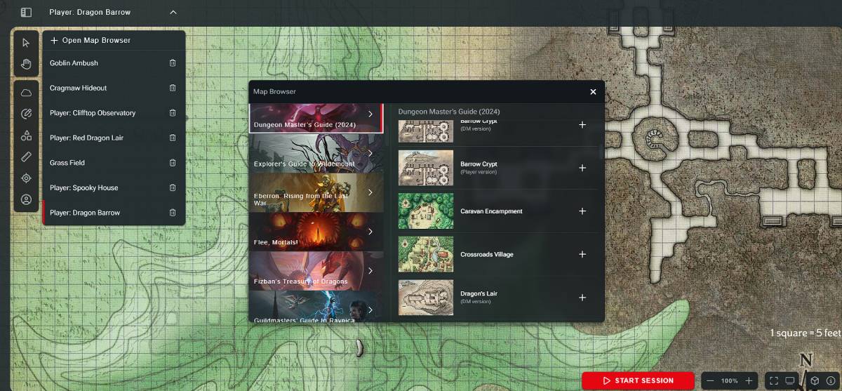 A screenshot of D&D Beyond's Maps VTT map browser