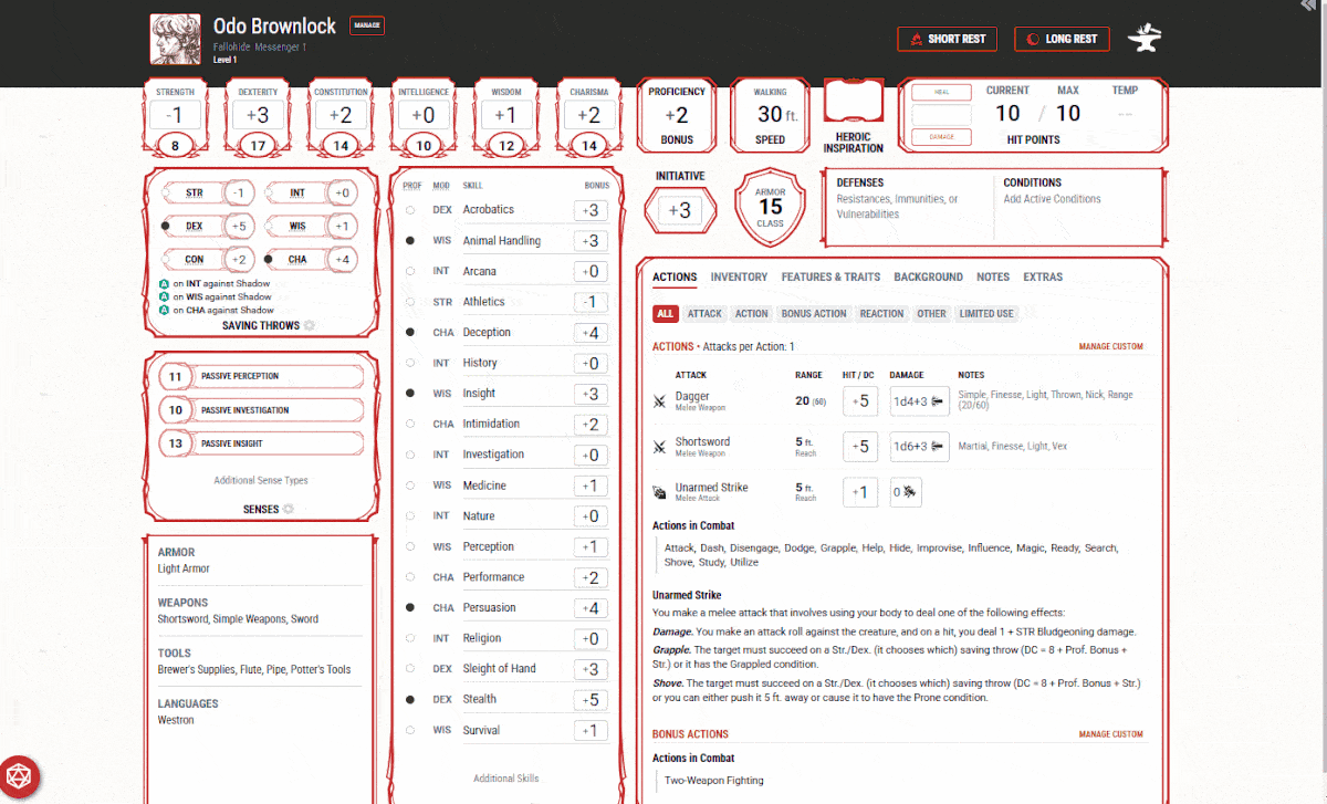 A gif of D&D Beyond digital character sheet a character made using the Lord of the Rings Roleplaying