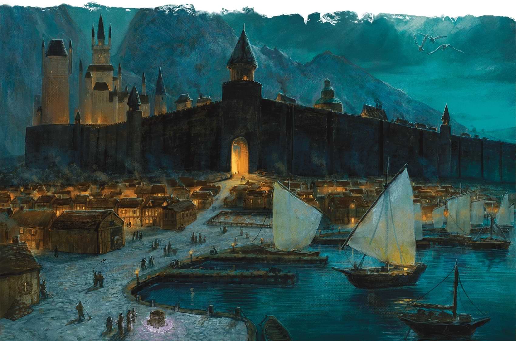 Boats in a city harbor at night
