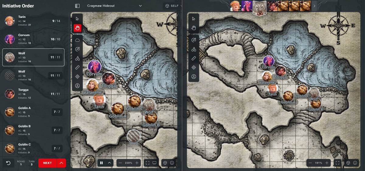 D&D Beyond Maps showing player-facing and DM-facing screens where hidden monsters are not visible in the Initiative tracker on player-facing screens.