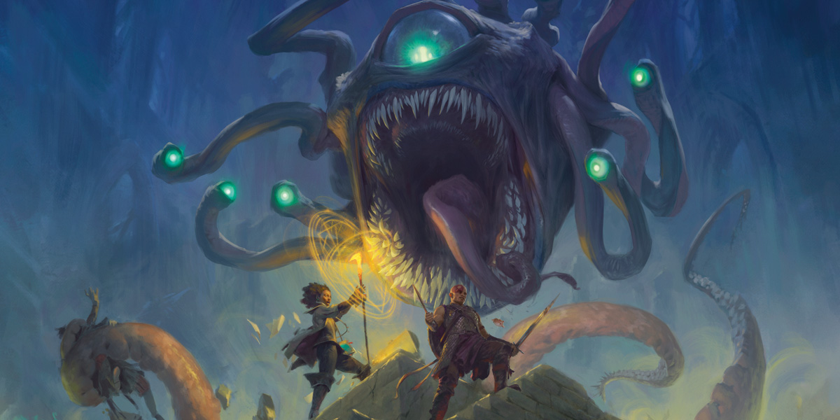 An adventuring party fights a Beholder
