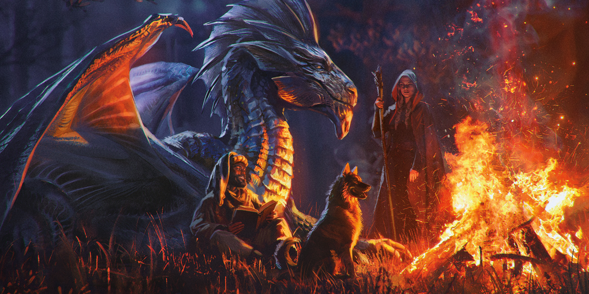 A silver dragon rests by a fire with an adventuring part