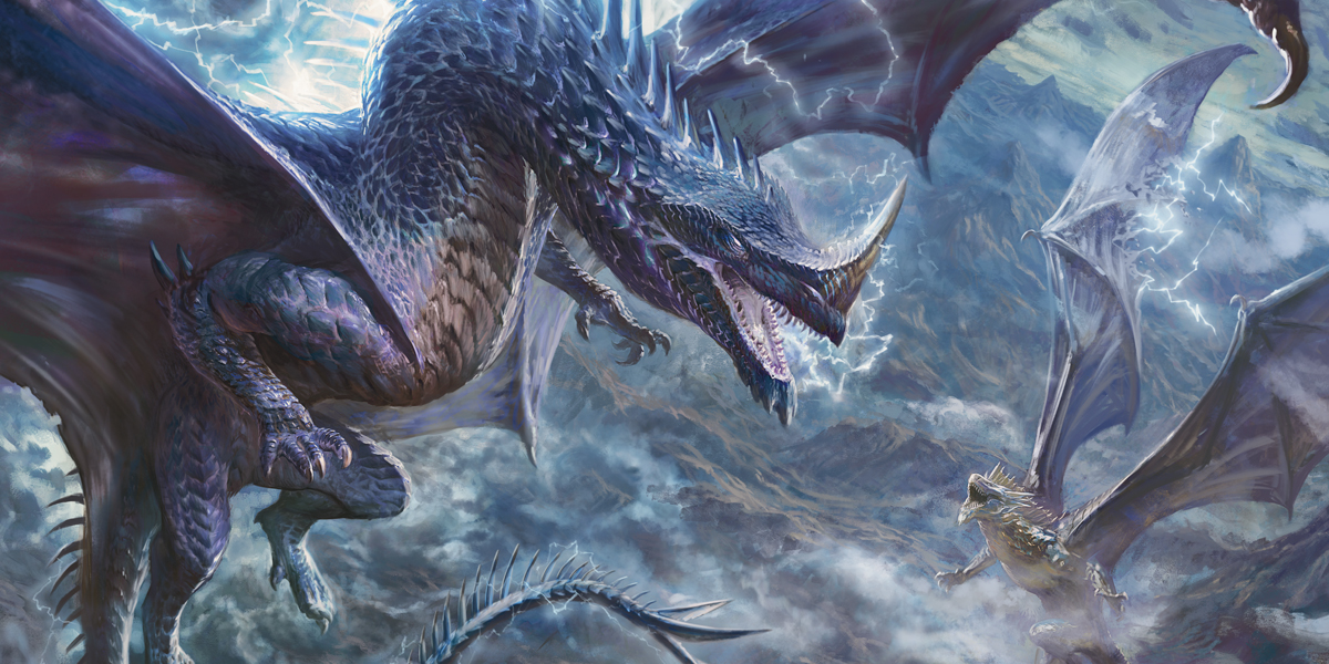 A blue dragon who's maw is crackling with lightning