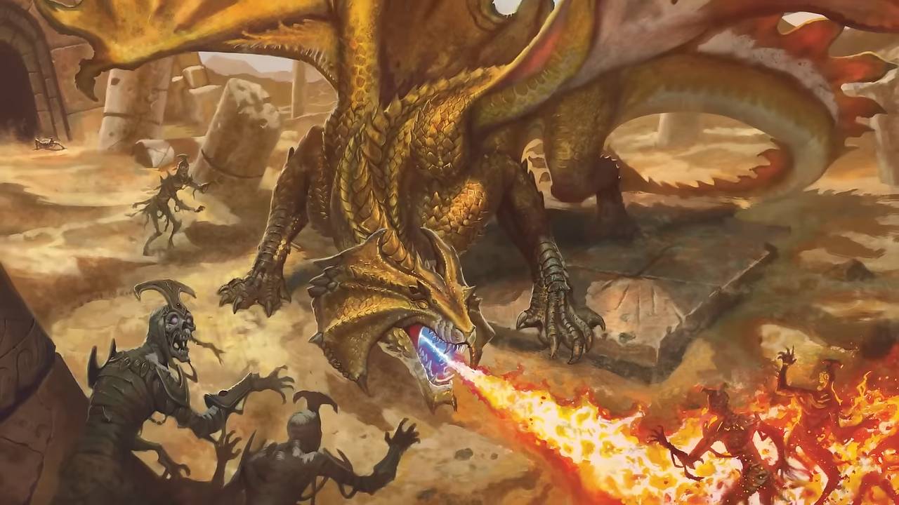 A Brass Dragon breathes flames on interlopers of its lair
