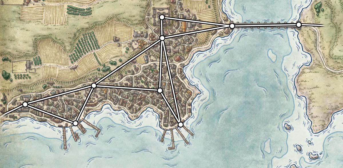 A top-down map of a coastal town. White nodes are scattered throughout the town with straight white lines connecting the nodes