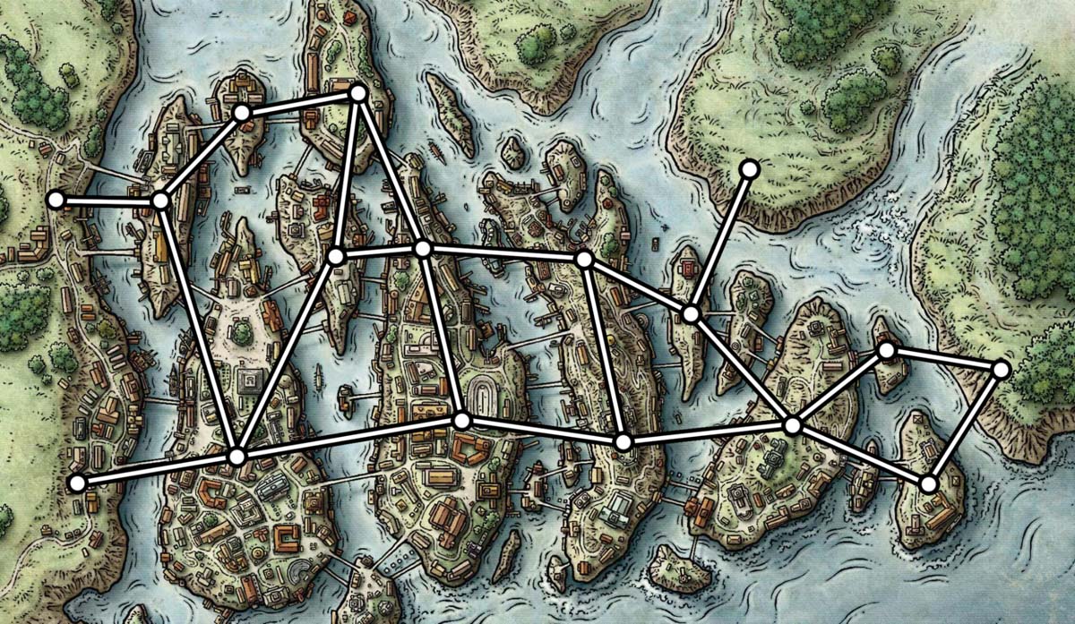A top-down map of a coastal town. White nodes are scattered throughout the town with straight white lines connecting the nodes