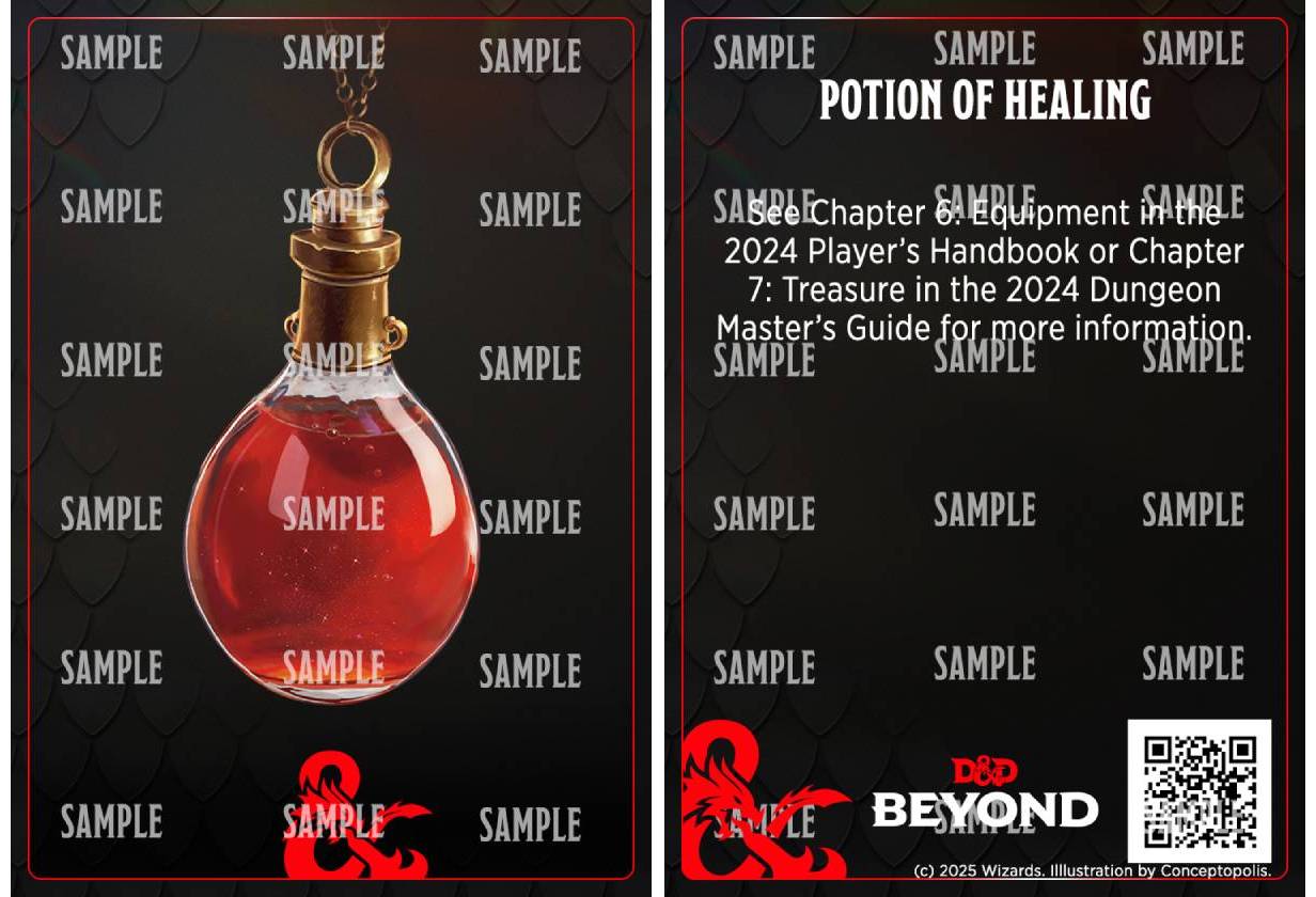 A Potion of Healing on a Card, front and back.
