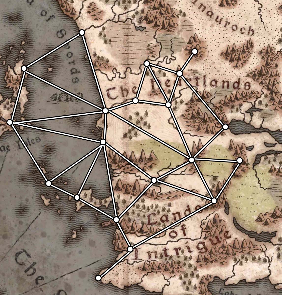 A continental map with white nodes scattered across various landmarks. Straight white lines connect the nodes.