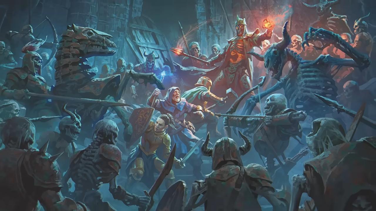 A horde of skeletons assaulting a party of adventurers.