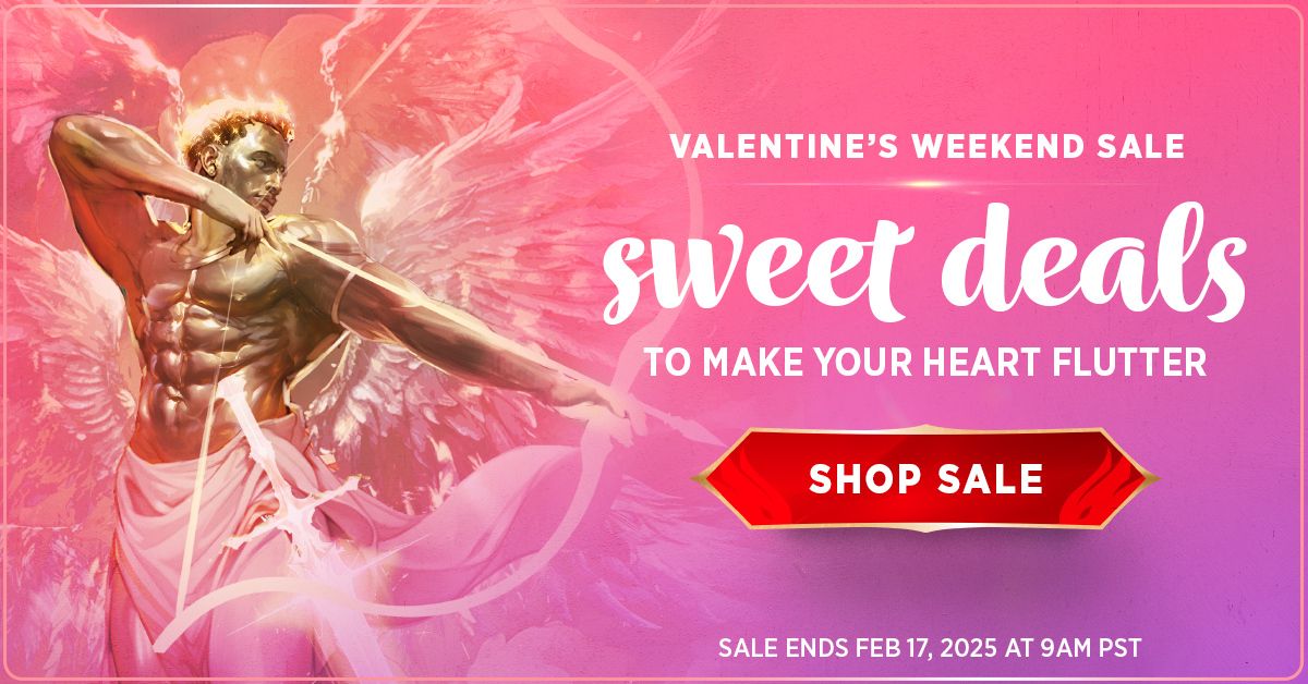 A celestial with a bow over a pink background. Text reads, Valentine's Weekend Sale. Sweet deals to make your heart flutter. Shop Sale. Sale ends Feb 17 2025 at 9AM PST.