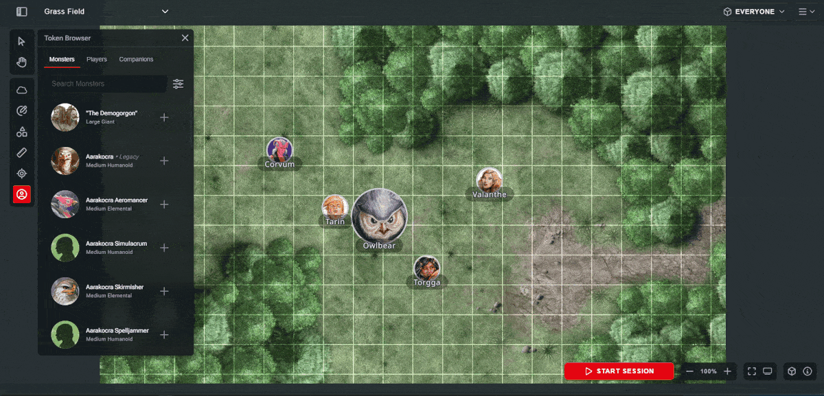 A gif of the D&D Beyond Maps VTT's new Token Browser