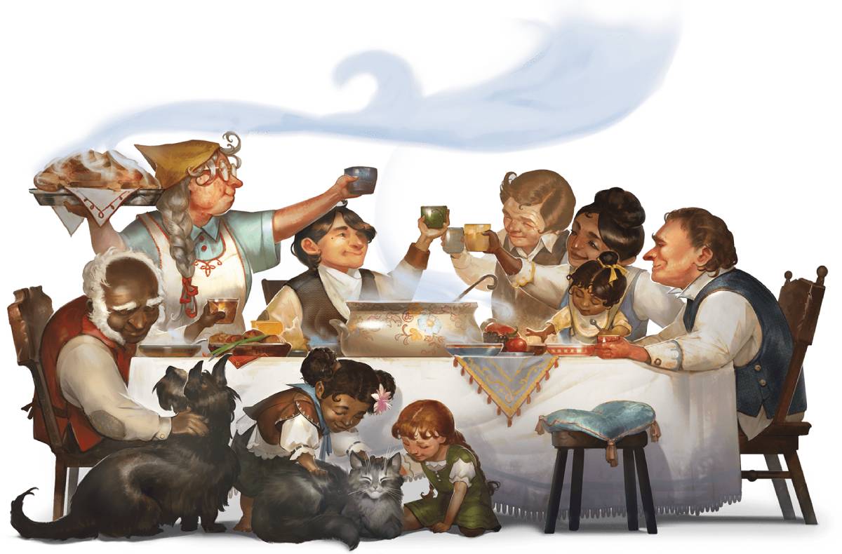 A Halfling family having dinner