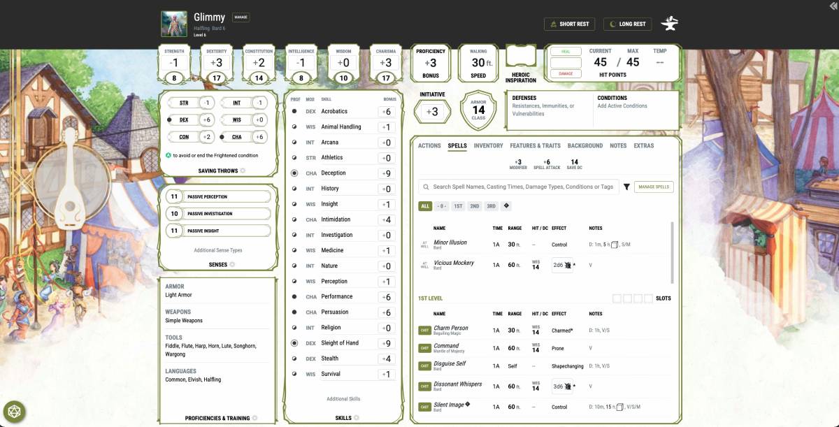 A screenshot of a DDB character sheet